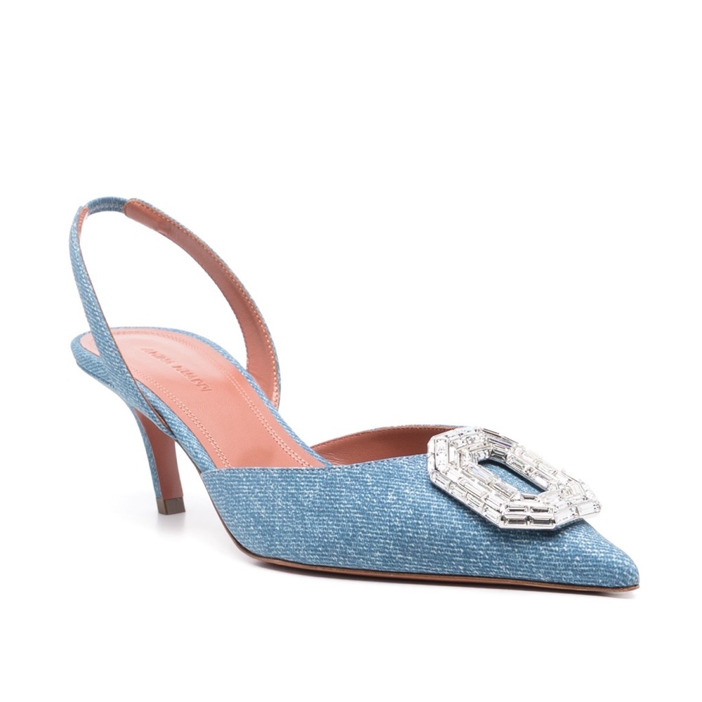 Amina muaddi Camelia denim print gem-embellished Slingback Pumps Size 36
